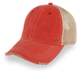 ODM1515 - RED, A distressed trucker-style baseball cap with a washed red front panel and brim, paired with a beige mesh back, shown on a white background.