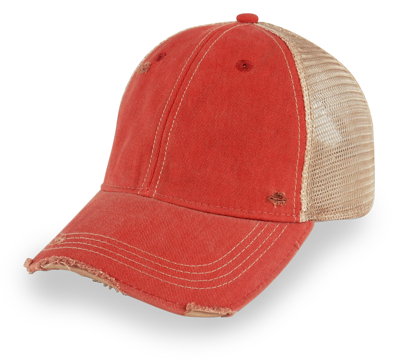 ODM1515 - RED, A distressed trucker-style baseball cap with a washed red front panel and brim, paired with a beige mesh back, shown on a white background.