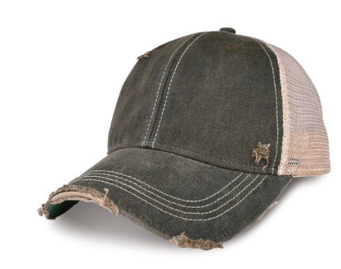 ODM2020 - BLACK, A distressed trucker cap with a dark gray washed denim front panel and brim, and beige mesh back panels, featuring frayed details and white contrast stitching.