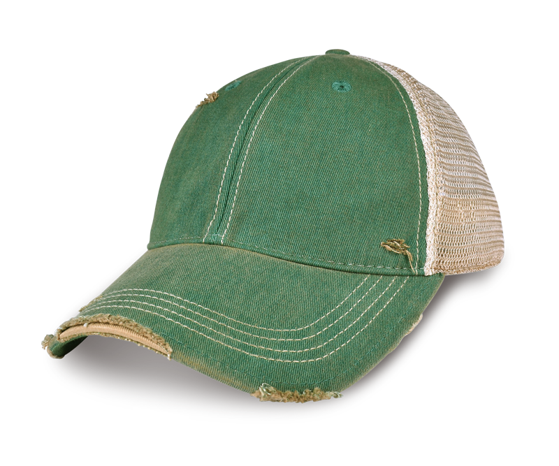 ODM3131 - KELLY GREEN, A distressed green trucker cap with a faded green front panel and brim, beige mesh back, and frayed details, shown on a white background.