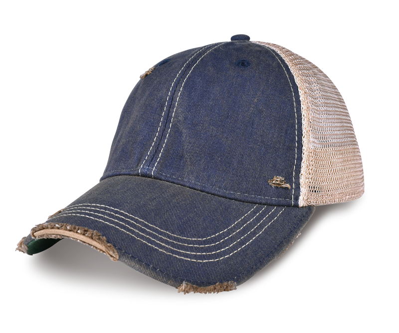 ODM4040 - NAVY, A distressed trucker-style baseball cap with a dark blue denim front and brim, beige mesh back panels, and frayed detailing along the curved brim.