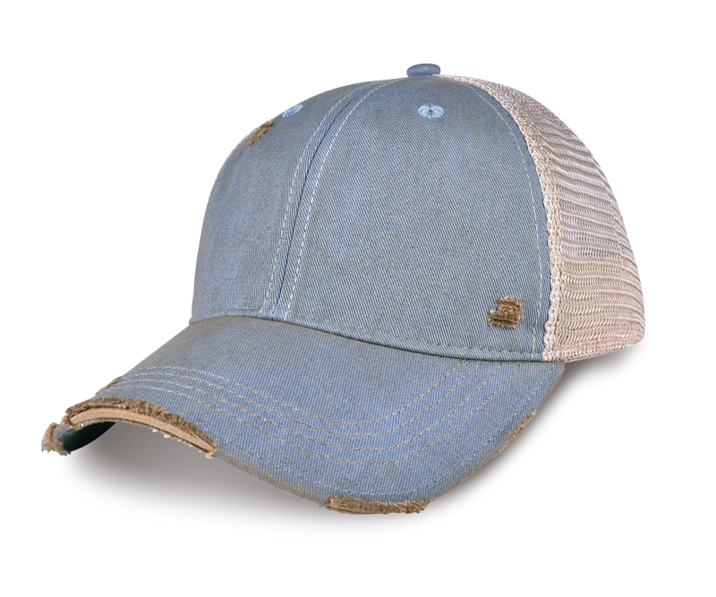 ODM4545 - SKY BLUE, A distressed trucker cap featuring a light blue denim front panel and brim, beige mesh back panels, and frayed details along the curved brim and top stitching.
