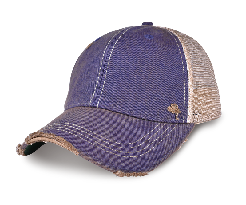 ODM7676 - PURPLE, A distressed trucker-style baseball cap with a washed purple denim front panel and brim, beige mesh back panels, white contrast stitching, and a small embroidered logo on the side, shown on a white background.