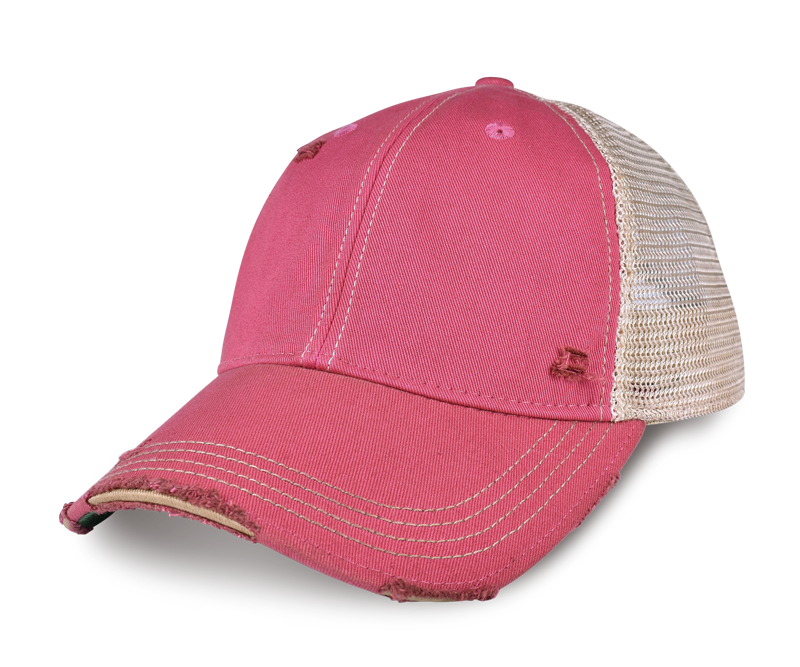 ODM8181 - PEACH PINK, A distressed trucker cap in pink, featuring a solid pink front panel and brim with frayed edges, white contrast stitching, and a beige mesh back.