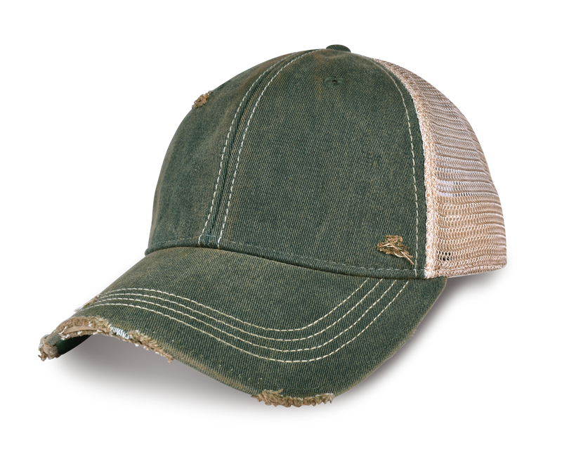ODM8585 - DARK GREEN, A distressed trucker cap featuring an olive green washed denim front panel and brim with frayed edges, contrasted with a beige mesh back. It has white contrast stitching and a small embroidered logo on the side.